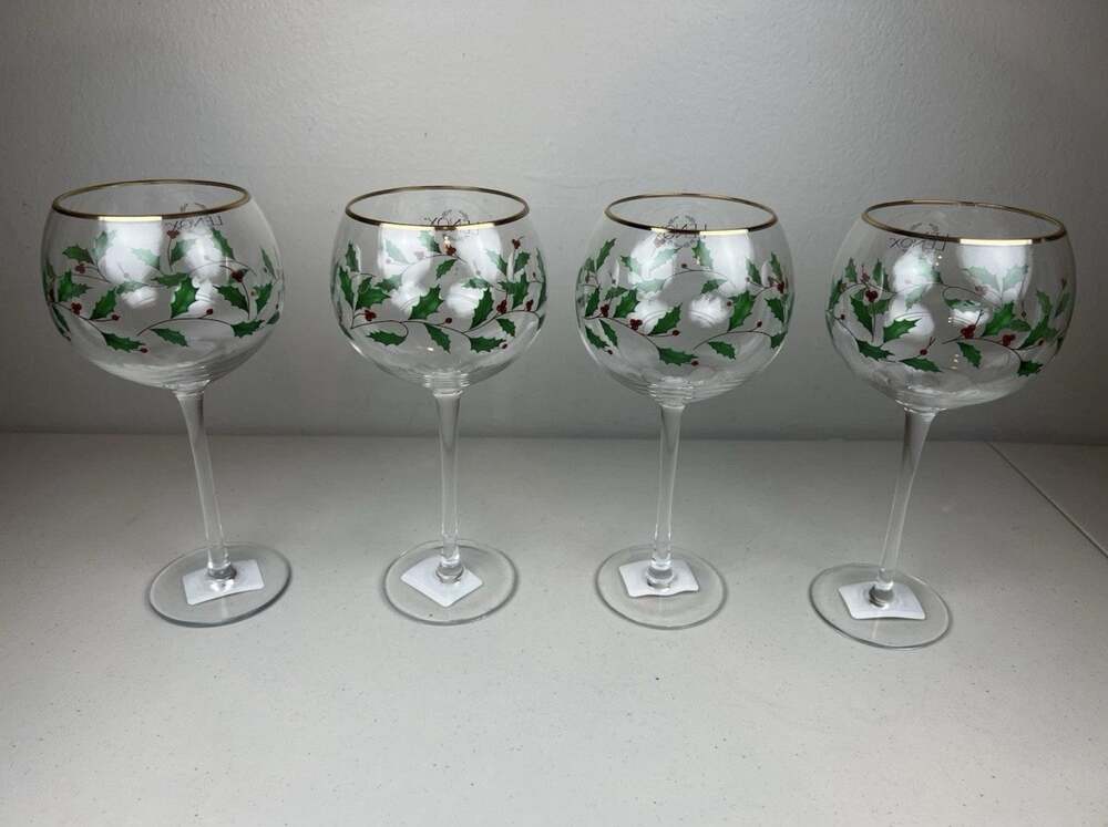 NEW! Lenox Holiday Ballon Set Of 4 Wine Glasses 14 Oz Holly Berries 8" #856101